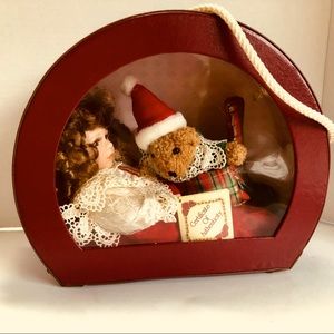 Rare! Holiday Decor Xmas Hatbox with 12” Porcelain Doll & Teddy in the Box